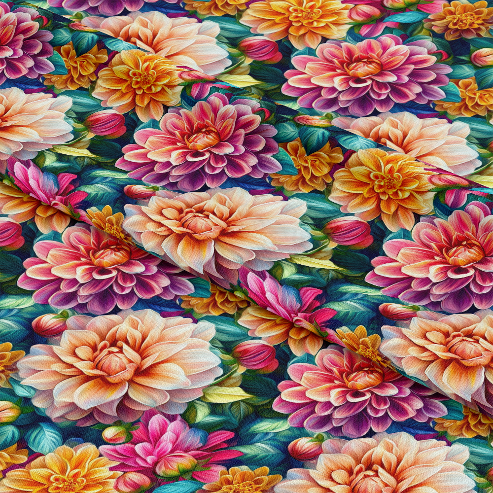 3D Colorful Florals Pattern 11 Quilting Cotton Fabric featuring vibrant multicolor blossoms, including pink, peach, yellow, and orange flowers with green leaves, floral textile, quilting material, soft cotton cloth, decorative fabric yardage.