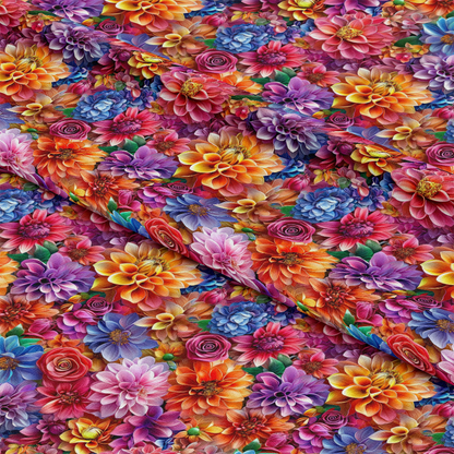 3D Colorful Florals Pattern 12 Quilting Cotton Fabric featuring vibrant flowers, multicolor petals, blooming design, floral textile, quilting material, cotton cloth, bright orange, purple, pink, blue, and green hues, garden-inspired print, decorative fabric, craft textile, premium quilting cotton.