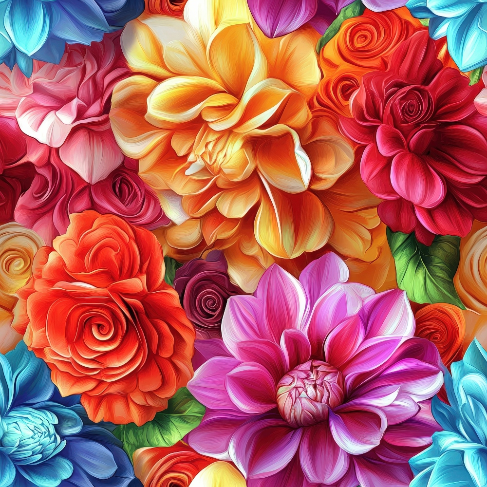 vibrant flowers, dahlia blooms, roses, 3d effect, orange petals, pink florals, purple flowers, blue accents, red roses, yellow highlights, botanical pattern, layered petals, realistic florals, dimensional design, quilting cotton, fabric panel, blooming garden, floral arrangement, colorful bouquet, saturated colors