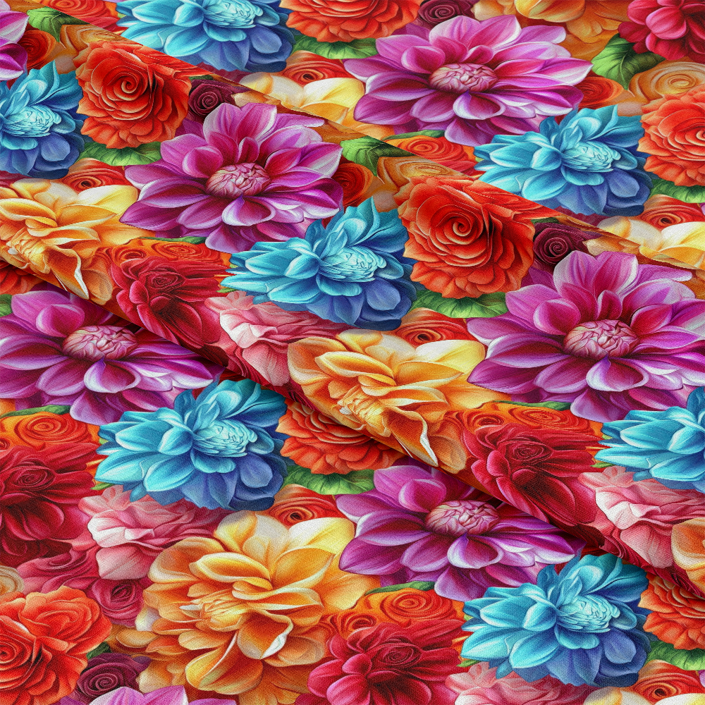 3D Colorful Florals Pattern 2 Quilting Cotton Fabric with vibrant multicolor flowers including red, purple, blue, yellow, and orange blooms, floral design, textile material, quilting cotton, bright, detailed, decorative fabric for sewing and crafts.