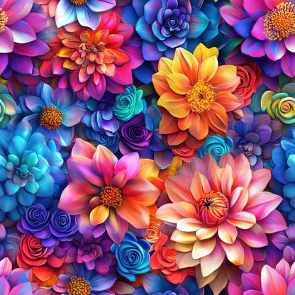 3d florals, vibrant flowers, dahlias, roses, succulents, rainbow colors, purple petals, blue blooms, orange flowers, pink blossoms, yellow centers, turquoise accents, magenta hues, dimensional effect, layered petals, quilting cotton, fabric panel, floral pattern, botanical design, colorful garden, bright blooms