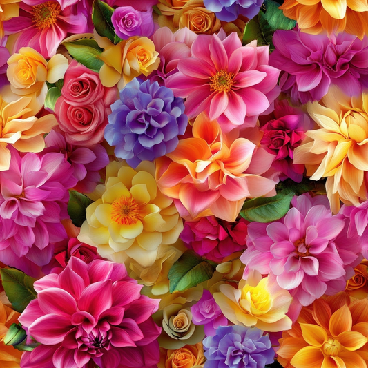 3D Colorful Florals Pattern 4 Quilting Cotton Fabric with vivid colorful flowers, floral design, pink, yellow, orange, purple blossoms, green leaves, vibrant petals, fabric texture, quilting, cotton material, premium textile, garden-inspired print, decorative fabric, craft material, soft cotton cloth.