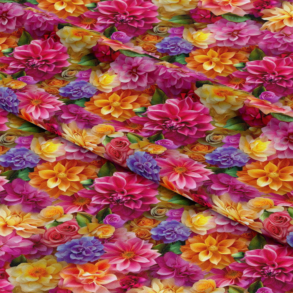 3D Colorful Florals Pattern 4 Quilting Cotton Fabric with vibrant pink, yellow, purple, and orange flowers, multicolor floral design, lush buds, petals, leaves, bright garden print, soft quilting cotton textile, premium cotton fabric, decorative colorful blossom pattern, assorted flower shapes.