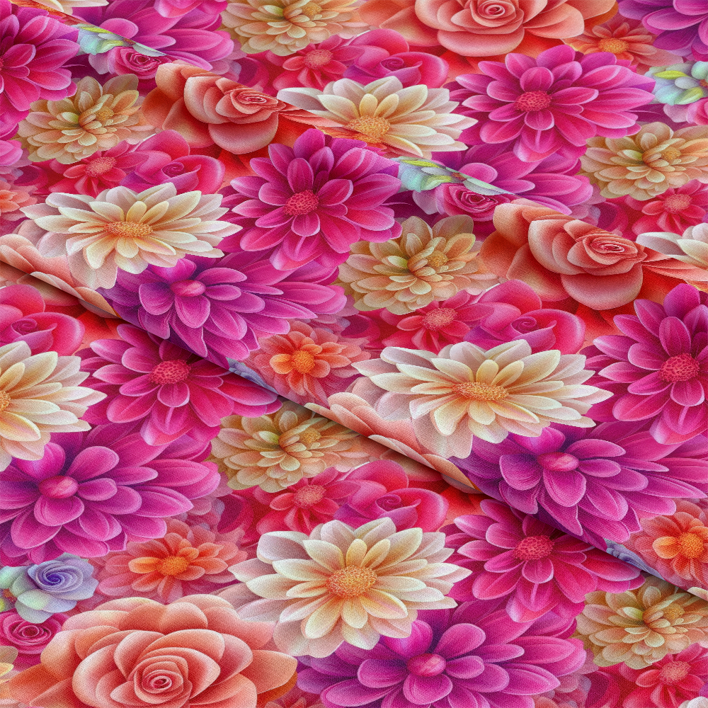 3D Colorful Florals Pattern 6 Quilting Cotton Fabric featuring vibrant pink, peach, cream, and orange flowers, floral design, blooming petals, layered blossoms, textile, cotton, quilting material, colorful print, decorative fabric, yardage textile, soft texture, premium quilting cotton.