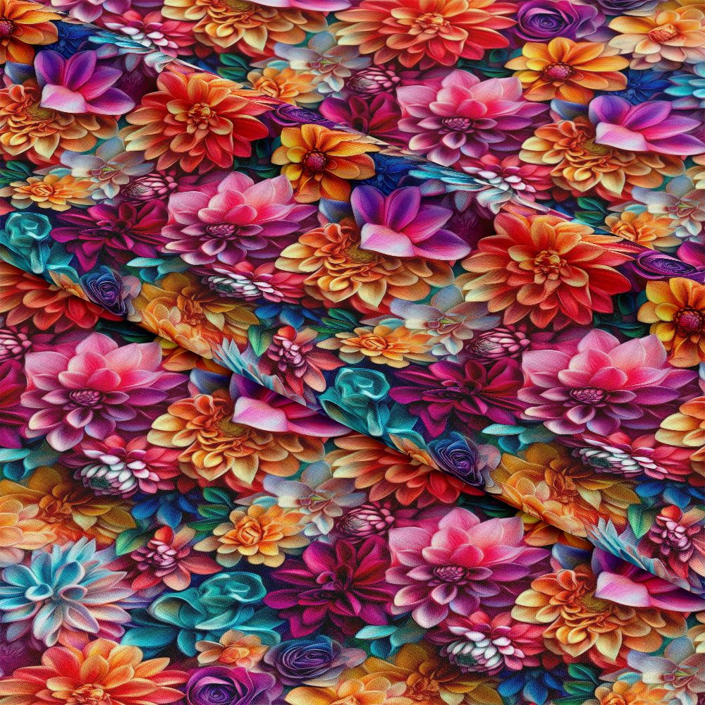 3D Colorful Florals Pattern 8 Quilting Cotton Fabric with vibrant flowers, multicolor petals, orange, pink, purple, blue, yellow, blooming floral design, cotton textile, quilting material, decorative fabric, botanical print, garden inspired cloth, premium quilting cotton fabric.