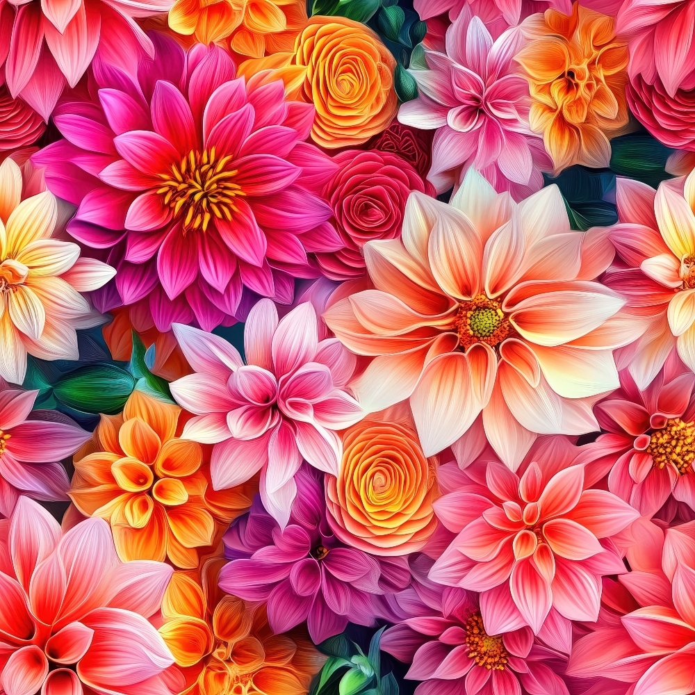 vibrant pink, coral orange, magenta, peach, yellow accents, emerald green, 3d floral pattern, dahlias, roses, tropical flowers, layered petals, dimensional blooms, quilting cotton, fabric panel, botanical design, lush garden, spring flowers, summer florals, realistic texture, dense floral arrangement