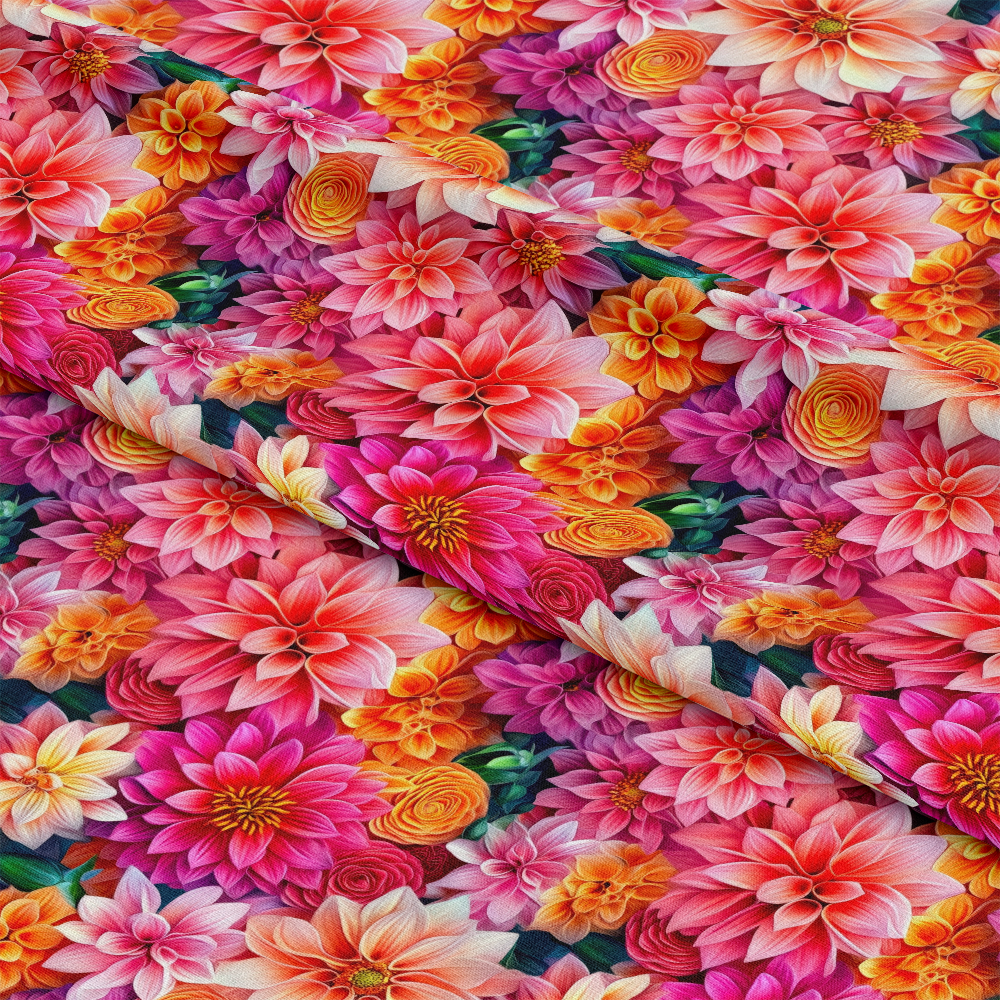 3D Colorful Florals Pattern 9 Quilting Cotton Fabric showing vibrant floral design with pink, orange, yellow, and purple flowers, blossoms, petals, foliage, leaves, quilting cotton, fabric, textile, material, yardage, premium quality, soft texture, sewing, crafting.