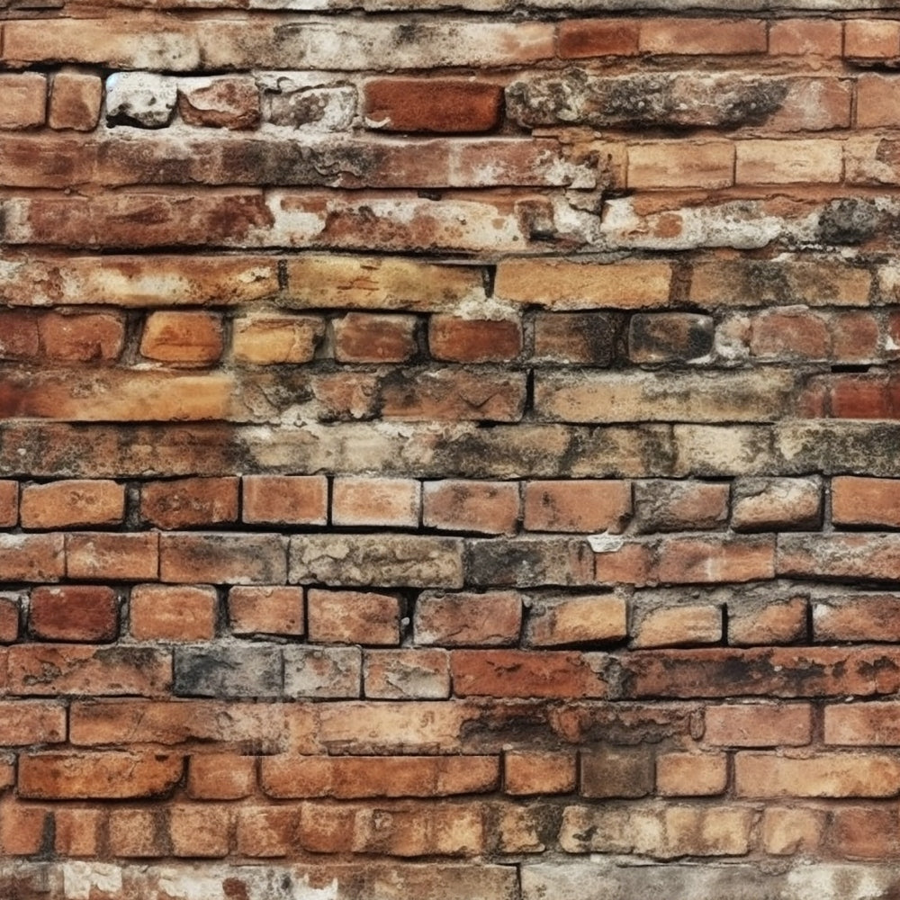 A weathered red brick wall with irregular patterns and shades, featuring visible signs of aging and wear.