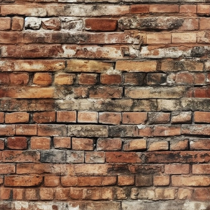 A weathered red brick wall with irregular patterns and shades, featuring visible signs of aging and wear.