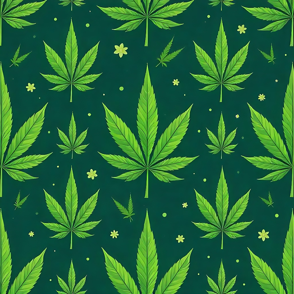 Green cannabis leaves and small flowers arranged in a seamless pattern on a dark green background.