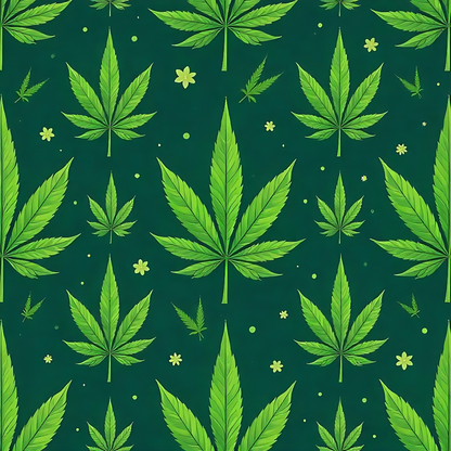 Green cannabis leaves and small flowers arranged in a seamless pattern on a dark green background.