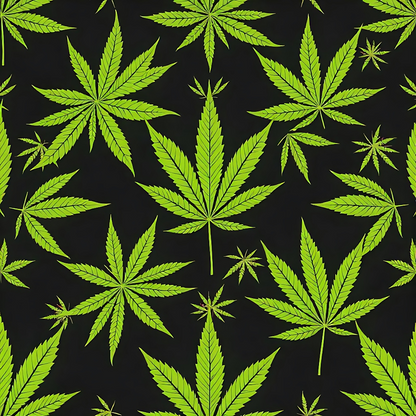 Green cannabis leaves in various sizes arranged in a pattern on a black background.