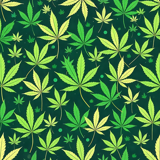 Pattern of overlapping green and yellow cannabis leaves on a dark green background.