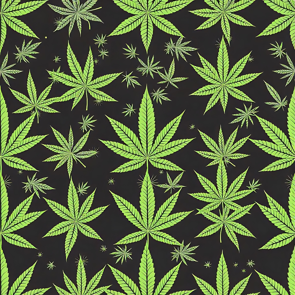 Green cannabis leaves in various sizes are spread across a black background.