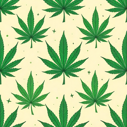 Pattern of green cannabis leaves on a light yellow background with small stars scattered throughout.