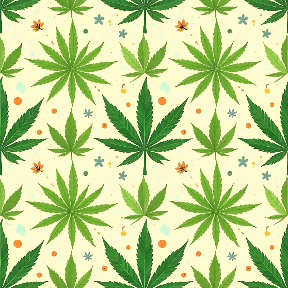 Seamless pattern of green cannabis leaves with small decorative flowers and dots on a light background.