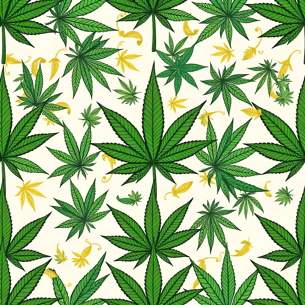 Illustration of green and yellow cannabis leaves on a light background, arranged in a seamless pattern.