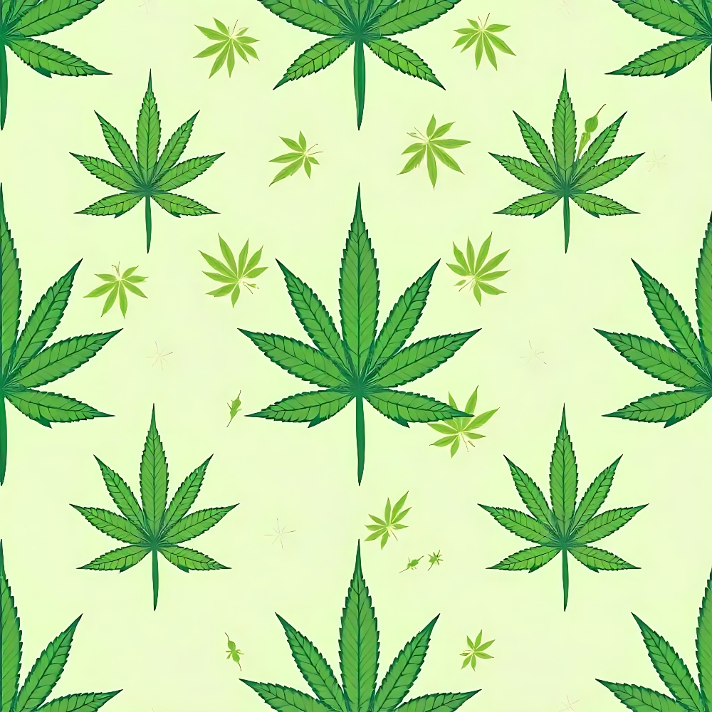 Pattern of green cannabis leaves on a light green background.