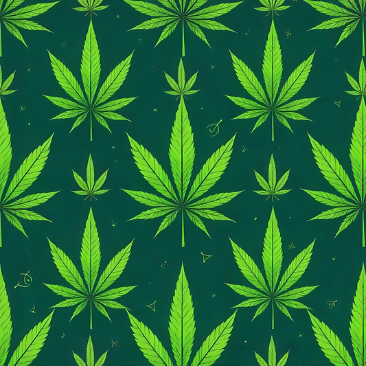 Green cannabis leaf pattern on a dark green background.