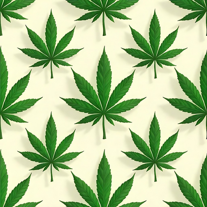 Pattern of green cannabis leaves on a light beige background.