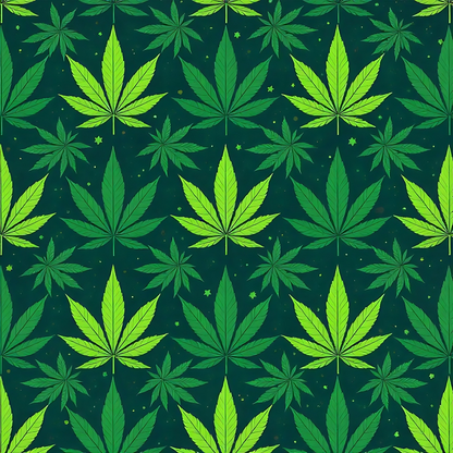 Pattern of green cannabis leaves on a dark green background.