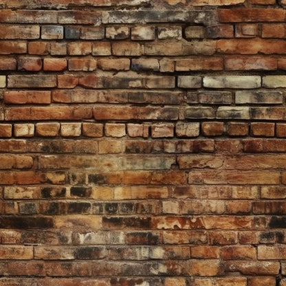 A weathered brick wall with various shades of brown, red, and beige, showing signs of age and wear.