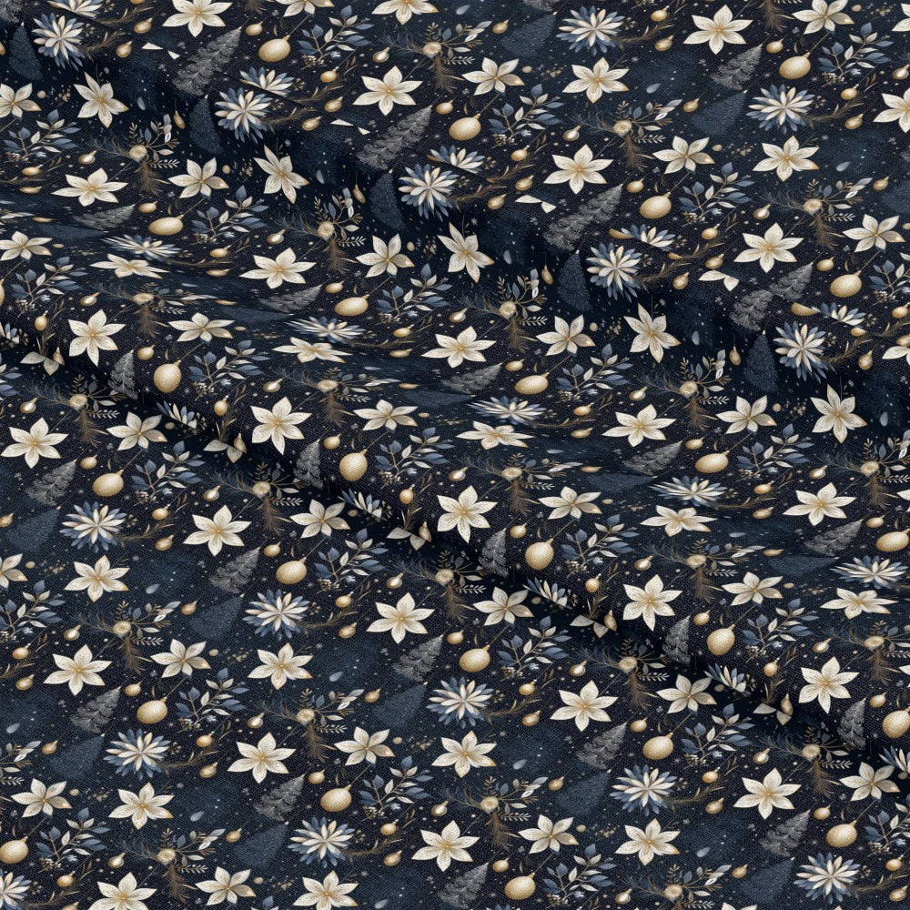 - Navy and Cream Christmas Pattern 11 Quilting Cotton Fabric  
- Christmas motifs  
- Floral designs  
- Holiday ornaments  
- Quilting cotton textile  
- Seasonal fabric  
- Ivory and dark blue colors  
- Festive print  
- Soft cotton material  
- Winter-themed fabric  
- Decorative quilting fabric