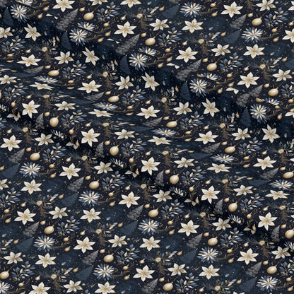 - Navy and Cream Christmas Pattern 11 Quilting Cotton Fabric  
- Christmas motifs  
- Floral designs  
- Holiday ornaments  
- Quilting cotton textile  
- Seasonal fabric  
- Ivory and dark blue colors  
- Festive print  
- Soft cotton material  
- Winter-themed fabric  
- Decorative quilting fabric
