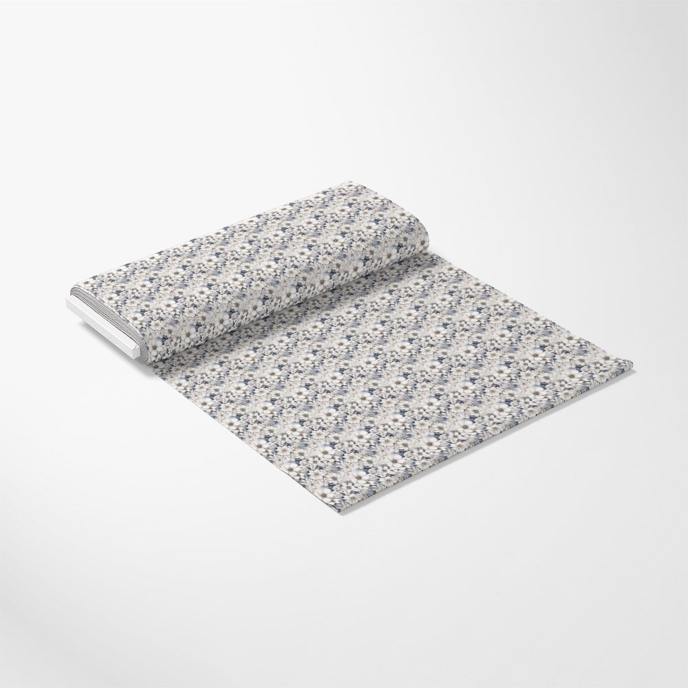 - White Flowers Pattern 12 Quilting Cotton Fabric - floral design - small flowers - white background - blue accents - beige tones - cotton textile - quilting material - sewing fabric - soft texture - lightweight cloth - craft fabric - continuous yardage