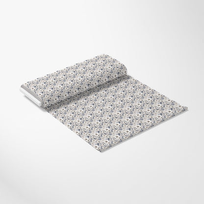 - White Flowers Pattern 12 Quilting Cotton Fabric - floral design - small flowers - white background - blue accents - beige tones - cotton textile - quilting material - sewing fabric - soft texture - lightweight cloth - craft fabric - continuous yardage