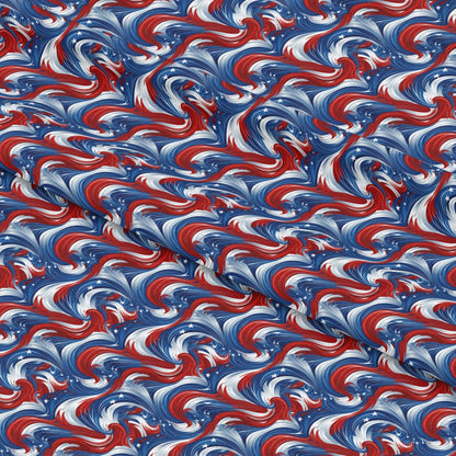 USA Flag Swirls Pattern 11 Quilting Cotton Fabric, red, white, blue, star accents, swirling design, patriotic, cotton material, quilting fabric, yardage, continuous length, wavy stripes, americana theme, textile, sewing fabric, vibrant colors, festive print, USA inspired