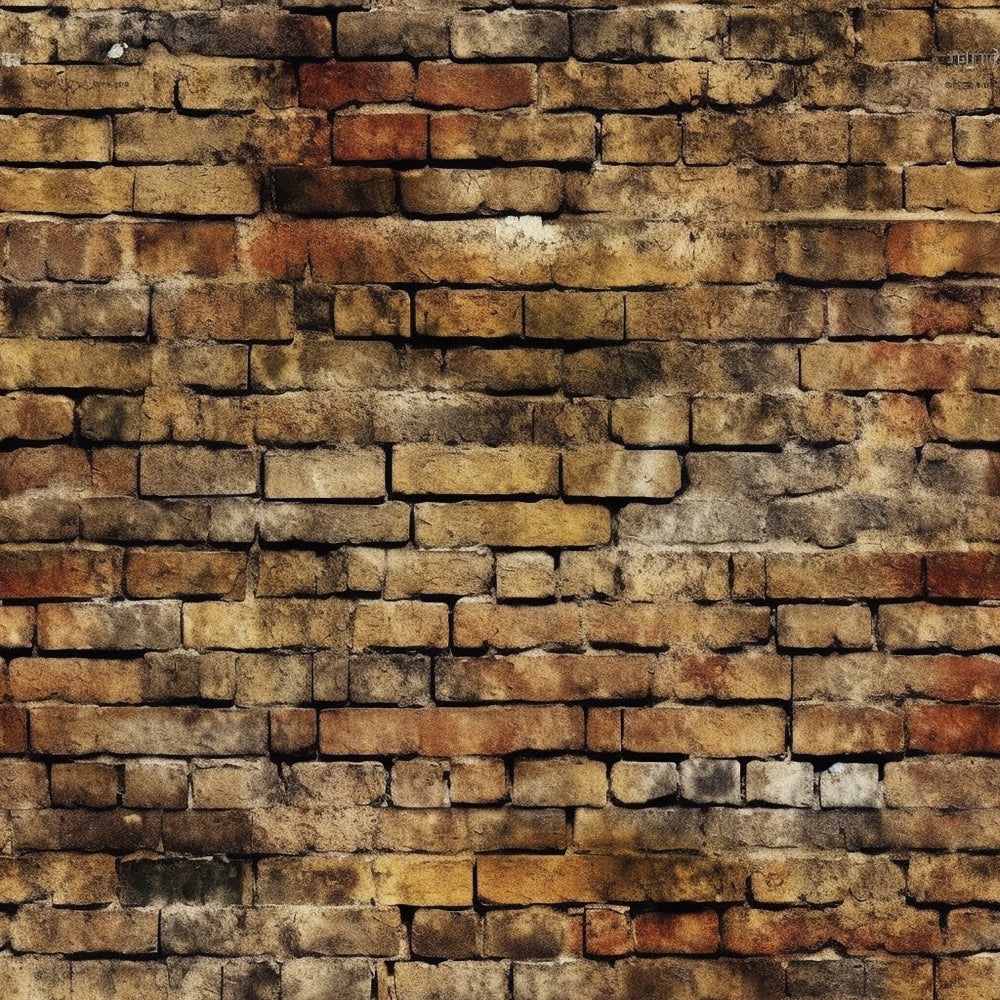 A weathered brick wall with varying shades of brown and orange, showing patterns of aging and discoloration.