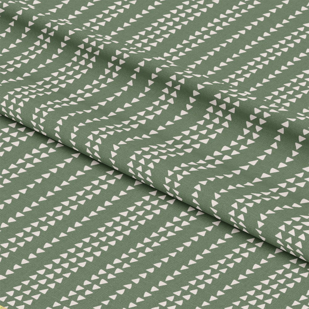 70s Groovy Boho Pattern 4 Quilting Cotton Fabric, green background, white geometric triangles, bohemian style, textured quilting cotton, soft fabric, sewing material, contemporary retro design, casual chic, natural cotton textile, eco-friendly craft fabric, yardage for quilting projects