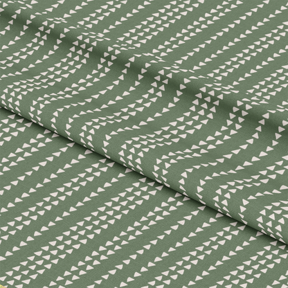 70s Groovy Boho Pattern 4 Quilting Cotton Fabric, green background, white geometric triangles, bohemian style, textured quilting cotton, soft fabric, sewing material, contemporary retro design, casual chic, natural cotton textile, eco-friendly craft fabric, yardage for quilting projects