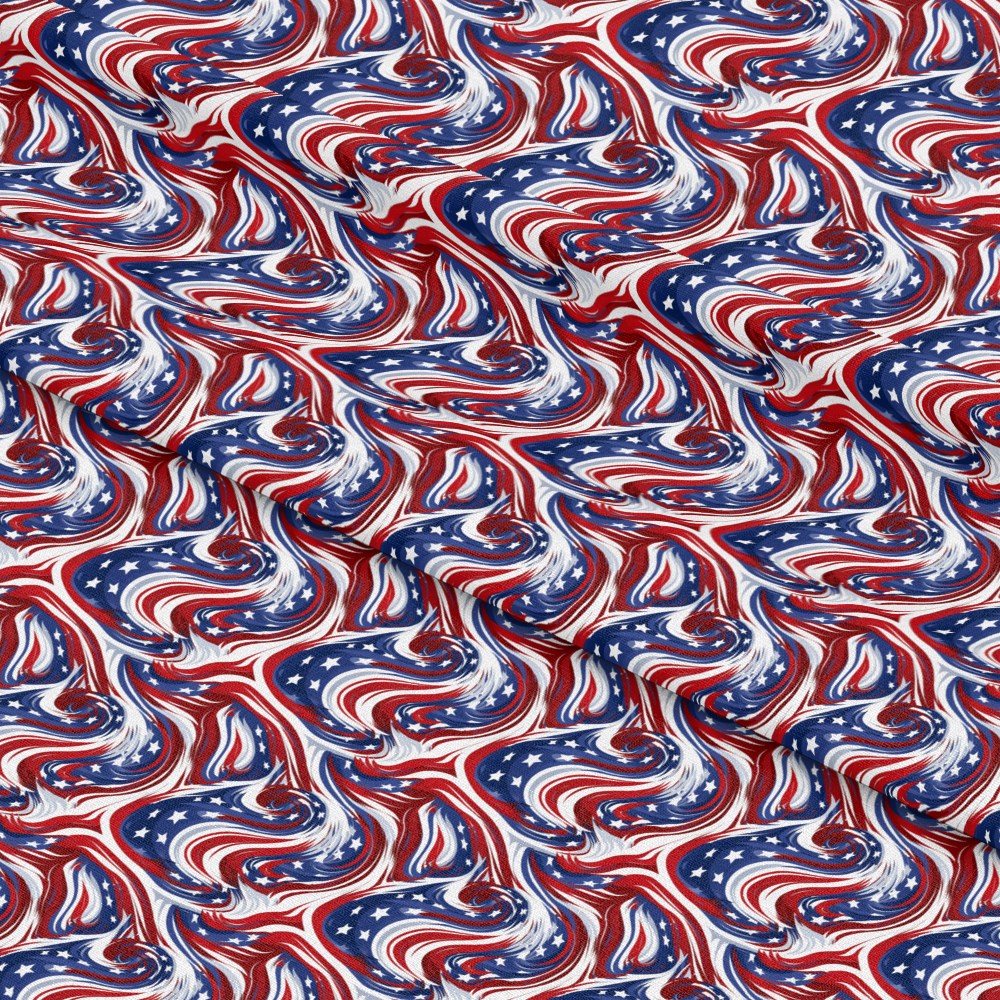 - USA Flag Swirls Pattern 9 Quilting Cotton Fabric  
- red, white, blue  
- stars, stripes  
- swirling design  
- patriotic fabric  
- quilting material  
- cotton textile  
- yardage fabric  
- American theme  
- smooth texture