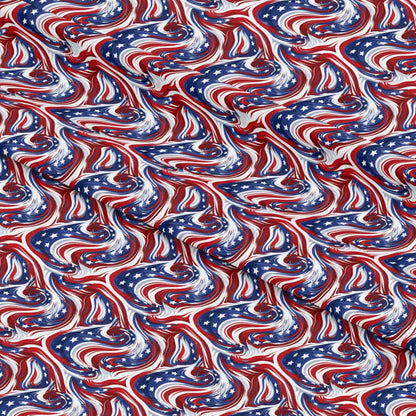 - USA Flag Swirls Pattern 9 Quilting Cotton Fabric  
- red, white, blue  
- stars, stripes  
- swirling design  
- patriotic fabric  
- quilting material  
- cotton textile  
- yardage fabric  
- American theme  
- smooth texture