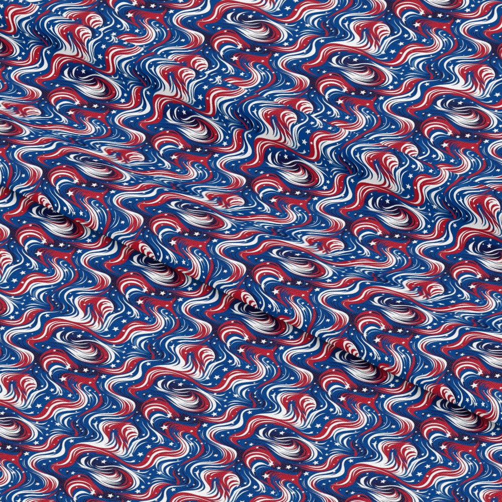 - USA Flag Swirls Pattern 2 Quilting Cotton Fabric  
- red, white, blue  
- stars, stripes  
- patriotic, swirling design  
- cotton, quilting, sewing  
- abstract, dynamic, vibrant  
- textile, yardage, craft