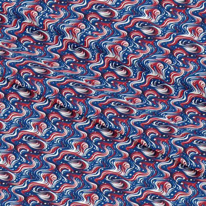 - USA Flag Swirls Pattern 2 Quilting Cotton Fabric  
- red, white, blue  
- stars, stripes  
- patriotic, swirling design  
- cotton, quilting, sewing  
- abstract, dynamic, vibrant  
- textile, yardage, craft