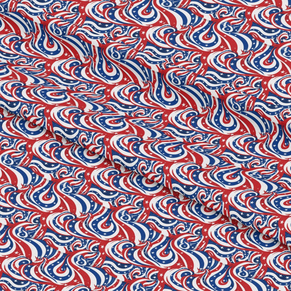 USA Flag Swirls Pattern 12 Quilting Cotton Fabric, red, white, blue, patriotic, swirling stripes, stars, cotton textile, quilt material, vibrant, decorative, US-themed textile, yardage fabric, smooth texture, crafting fabric, Americana design