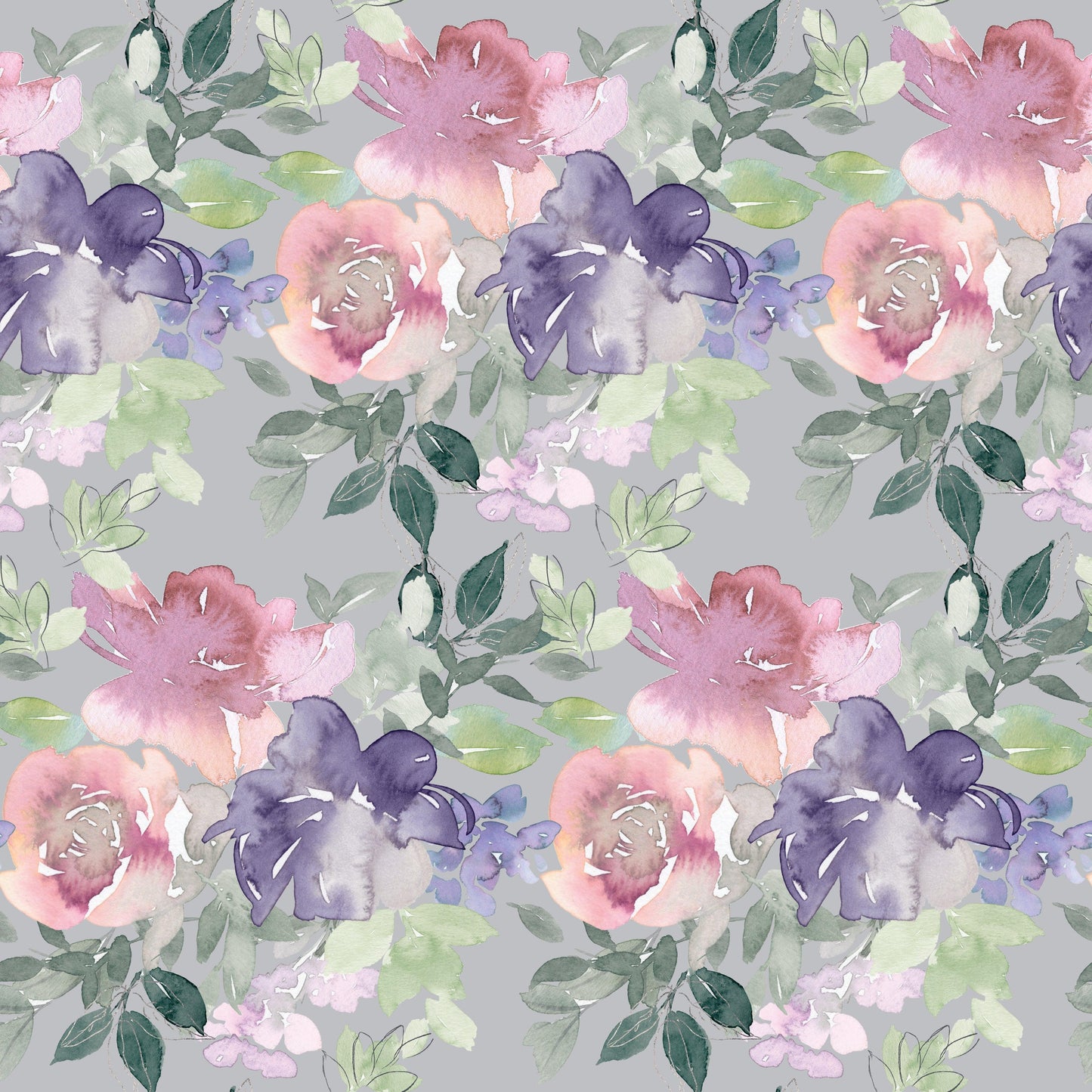Watercolor Floral Art Pattern 1 Quilting Cotton Fabric, watercolor flowers, floral design, pink, purple, green leaves, soft pastel colors, botanical motif, cotton textile, quilting fabric, artistic print, nature-inspired pattern, delicate blossoms, gentle brush strokes
