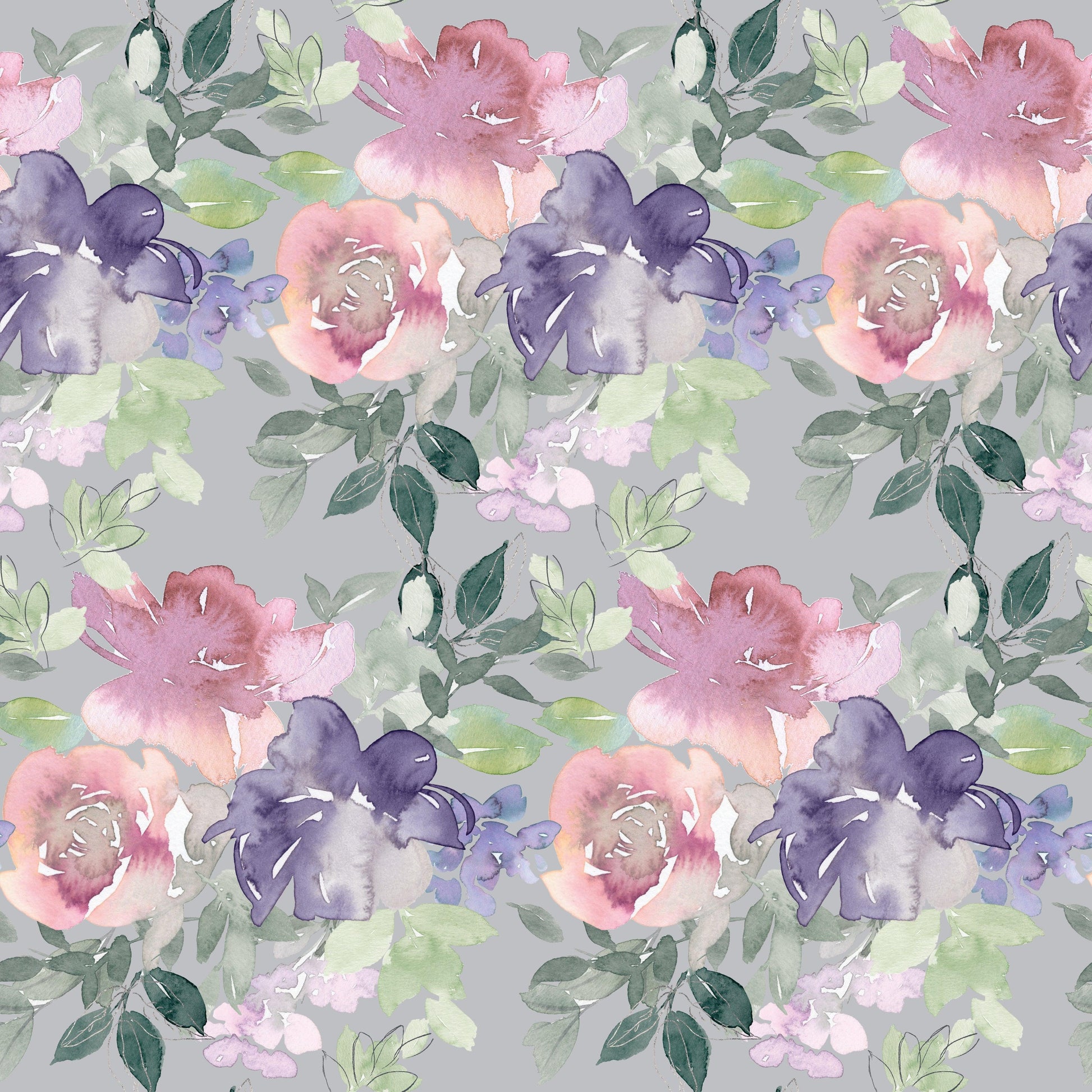 Watercolor Floral Art Pattern 1 Quilting Cotton Fabric, watercolor flowers, floral design, pink, purple, green leaves, soft pastel colors, botanical motif, cotton textile, quilting fabric, artistic print, nature-inspired pattern, delicate blossoms, gentle brush strokes