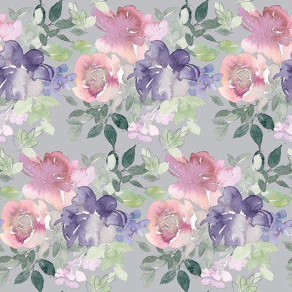 Watercolor Floral Art Pattern 1 Quilting Cotton Fabric, watercolor flowers, floral design, pink, purple, green leaves, soft pastel colors, botanical motif, cotton textile, quilting fabric, artistic print, nature-inspired pattern, delicate blossoms, gentle brush strokes