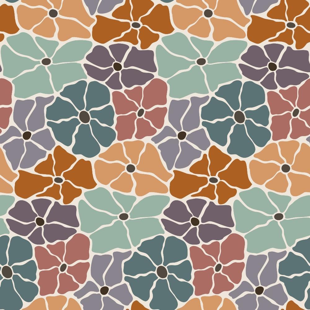 Retro Floral Pattern 7 Quilting Cotton Fabric with vintage floral design, muted orange, teal, purple, mauve, brown colors, seamless flower motifs, quilting material, cotton textile, craft fabric, sewing supply, soft texture, traditional print style, classic floral pattern, home decor fabric, premium quilting cotton.