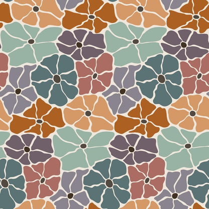 Retro Floral Pattern 7 Quilting Cotton Fabric with vintage floral design, muted orange, teal, purple, mauve, brown colors, seamless flower motifs, quilting material, cotton textile, craft fabric, sewing supply, soft texture, traditional print style, classic floral pattern, home decor fabric, premium quilting cotton.