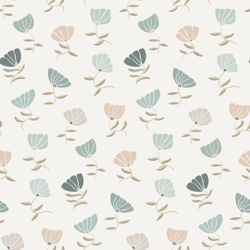 Retro Floral Pattern 9 Quilting Cotton Fabric - beige background, pastel blue flowers, soft peach flowers, green leaves, floral design, vintage style, sewing material, quilting textile, cotton cloth, crafting fabric, gentle colors, classic motif, lightweight fabric, handmade projects, decorative fabric, creative sewing fabric, durable cotton fabric.