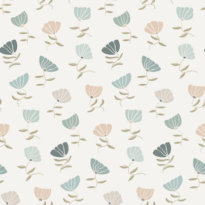 Retro Floral Pattern 9 Quilting Cotton Fabric - beige background, pastel blue flowers, soft peach flowers, green leaves, floral design, vintage style, sewing material, quilting textile, cotton cloth, crafting fabric, gentle colors, classic motif, lightweight fabric, handmade projects, decorative fabric, creative sewing fabric, durable cotton fabric.