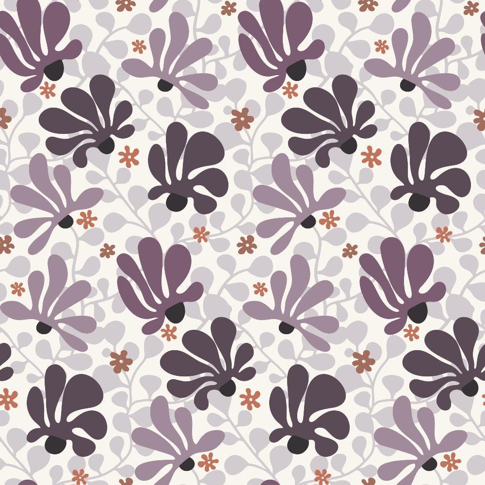 Retro Floral Pattern 11 Quilting Cotton Fabric, floral design, vintage style, purple shades, lavender, mauve, soft pink, cream background, decorative textile, quilting material, cotton material, traditional print, premium fabric, sewing craft, patchwork fabric, botanical motif, elegant colors, garden flowers
