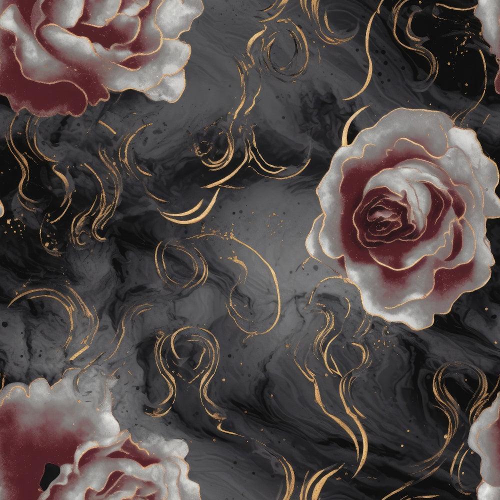 Gothic Vortex Pattern 9 Quilting Cotton Fabric featuring dark black and gray swirling background, red and white roses, gold accents, floral textile, elegant quilting cotton material, fabric yardage suitable for quilting projects, intricate gothic design, luxurious cotton fabric for crafting.