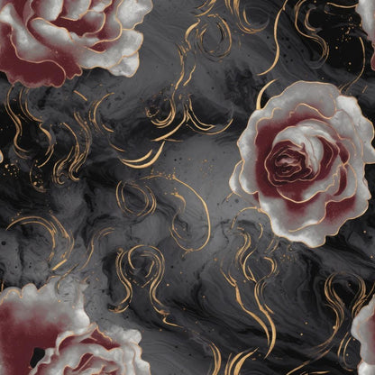 Gothic Vortex Pattern 9 Quilting Cotton Fabric featuring dark black and gray swirling background, red and white roses, gold accents, floral textile, elegant quilting cotton material, fabric yardage suitable for quilting projects, intricate gothic design, luxurious cotton fabric for crafting.