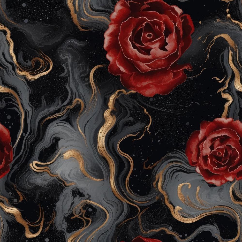 Gothic Vortex Pattern 12 Quilting Cotton Fabric showcasing swirling black and gray vortex designs with gold accents and deep red roses, floral motifs, dark gothic style, fabric texture, quilting material, premium cotton textile, seamless pattern, decorative cloth, artistic print, sewing fabric.